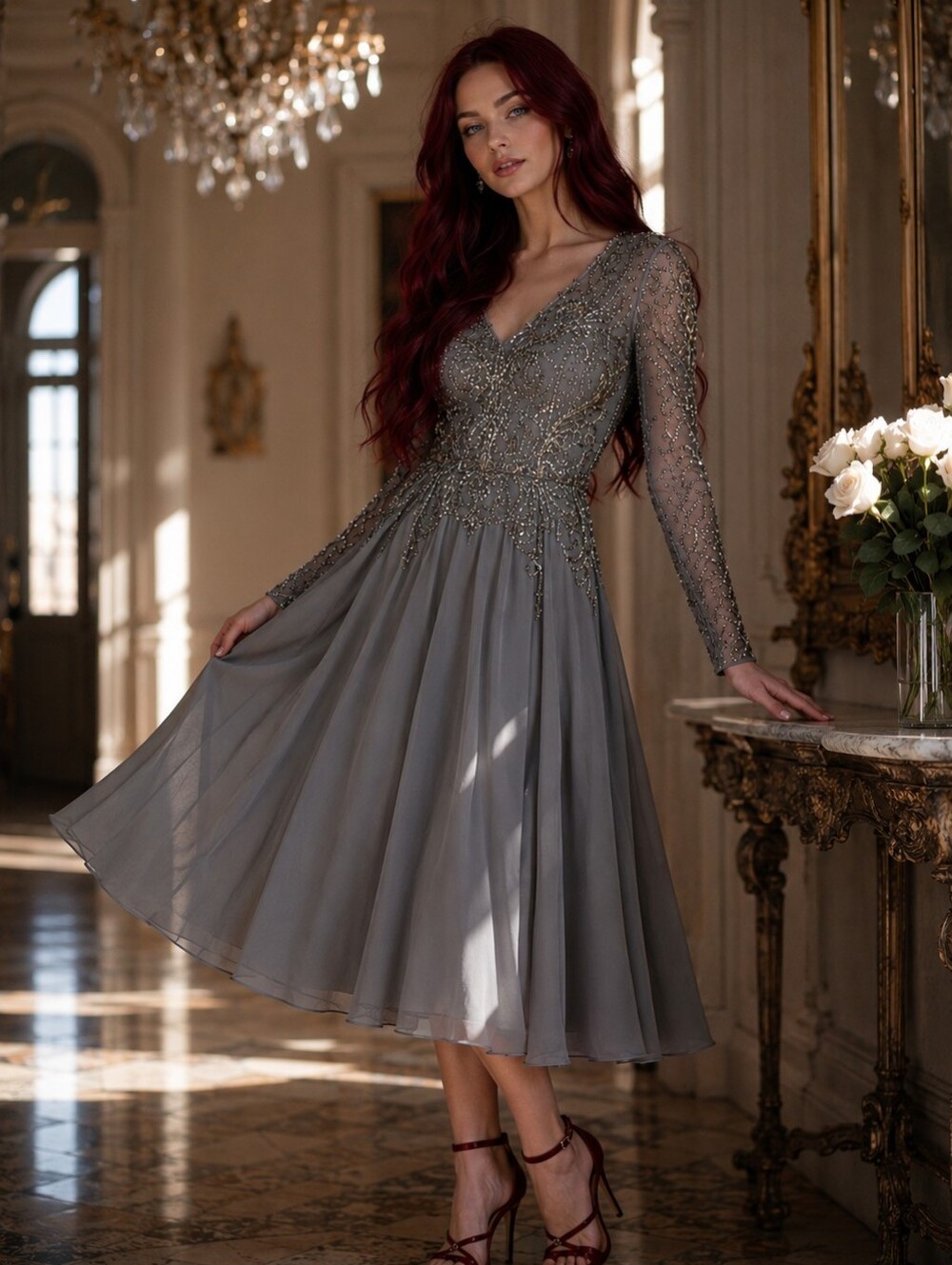 MGNY Madeline Gardner Slate Gray Beaded Illusion Gown - Size 6- Tea Length